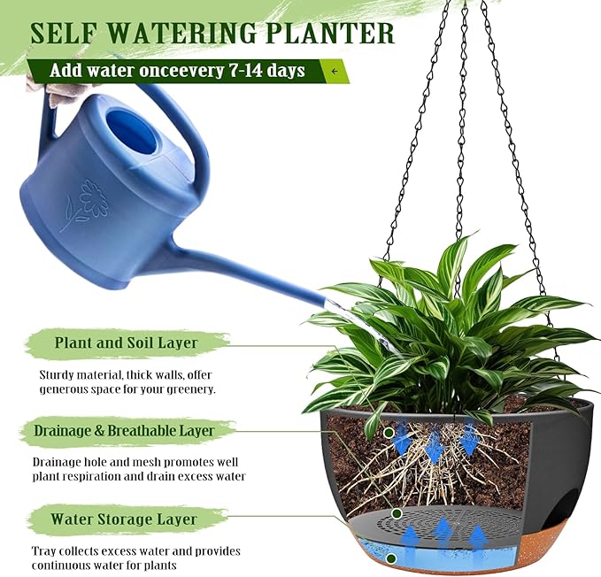 Hanging Planters for Outdoor Indoor Plants, 2 Pack 10 Inch Hanging Basket Plants Outdoor, Self Watering Hanging Planter with Plant Hanger for Garden Home Decoration (Black, 10 inch)
