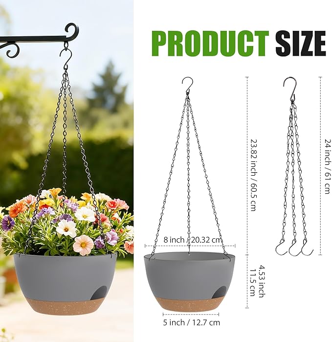 8 Inch Hanging Planters for Indoor Outdoor Plants, 4 Pack Plastic Self Watering Hanging Baskets with Drainage Holes and Chain for Garden Porch