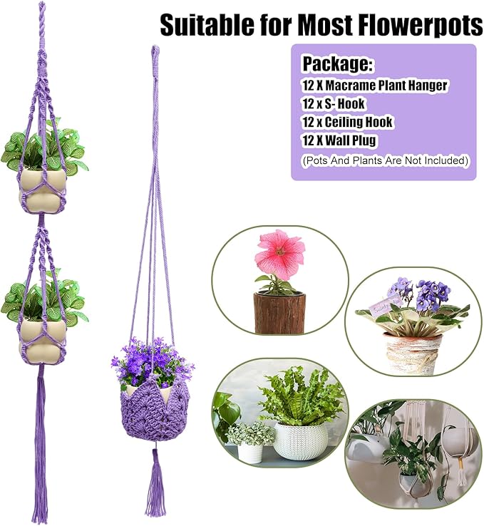 Hoteam 12 Pcs Macrame Plant Hangers Macrame Hanging Planters for Indoor Plants Handmade Boho Hanging Baskets Flower Pots Holder for Outdoor Home Wall Decor