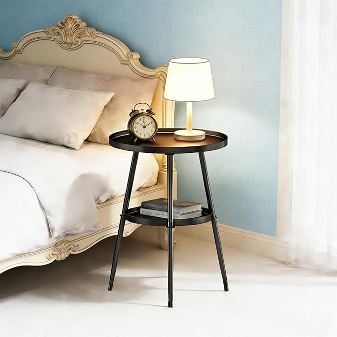 Side Table 2-Tier Small Round End Table Metal Black Accent Table for Small Spaces Indoor Outdoor Living Room Bedroom Balcony Office.