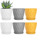 5 Inch Planter Pots, 6 Pack Indoor Planters, Small Flower Pots with Drainage Holes and Tray for Succulents, Orchids, Herbs and Other Indoor Plants (Orange+Grey+White, 5inch)
