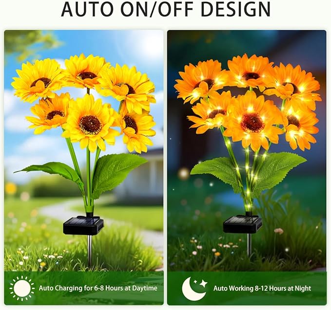 6 Pack Solar Sunflower Garden Lights 36 Vibrant Sunflowers LED Outdoor Decorative Stake Lights for Yard, Patio, Lawn, Pathway, IP65 Waterproof Flower Light, Birthday Gift for Mom, Grandma, and Friends