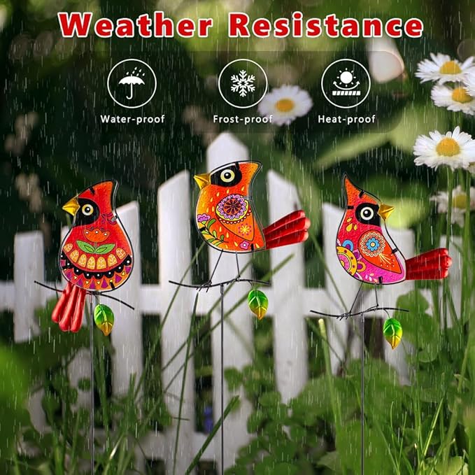 Decorative Garden Stakes,Set of 3 Cardinal Stained Glass Metal Yard Art,Waterproof Outdoor Decor Housewarming Present for Women Mom Grandma
