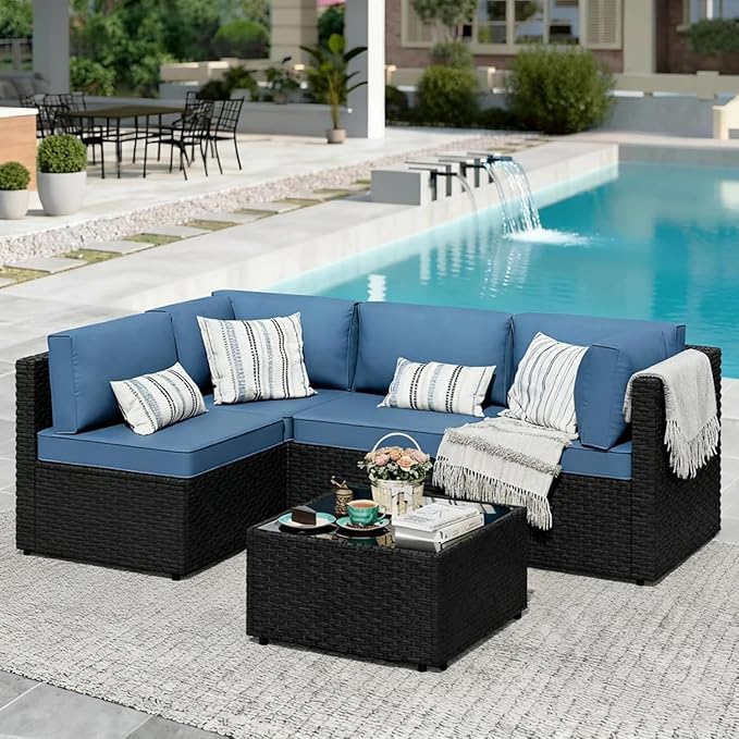 JAMFLY Patio Furniture Sets, 5-Piece Outdoor Patio Furniture with Thick Cushions, Wicker Outdoor Conversation Set Sectional Sofa for Backyard, Poolside, Garden, Aegean Blue