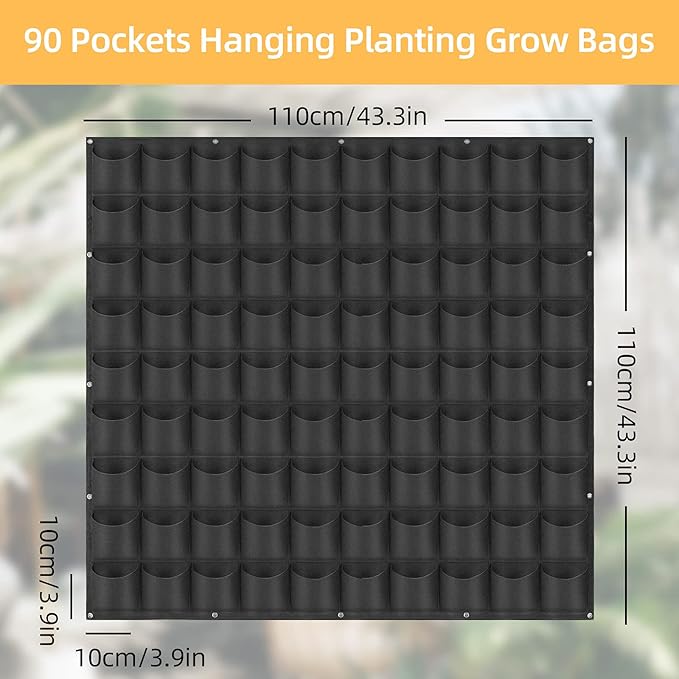Hanging Planting Grow Bags, 90 Pockets Wall Planter Wall Mounted Grow Bag Outdoor Indoor Gardening Vertical Greening Flower Container, Planting Bags Storage Bags(1.1 m × 1.1 m, Black)