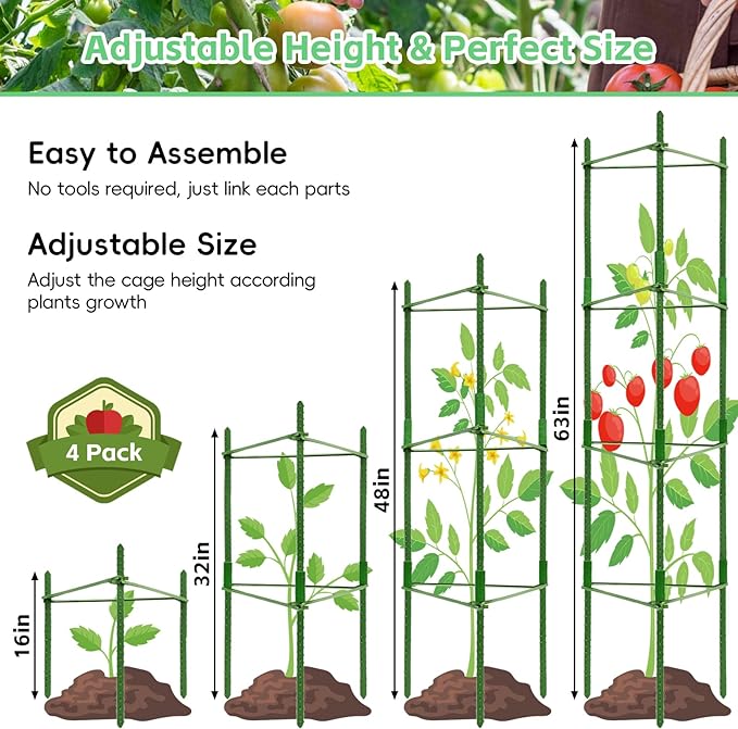 Riare 4 Pack 4 FT Tomato Cages for Garden- 48inches Heavy Duty Tomato Stakes and Supports, Adjustable Tall Tomato Plant Support Trellis for Pots, Raised Garden Bed, Climbing Vegetables Plants