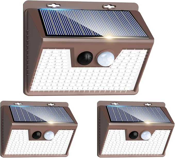 Peasur Solar Lights Outdoor Motion Sensor [3 Pack/140LED/Brown], Ultra-Bright 3 Mode Fence Security Light Waterproof, Solar Wall Lighting for Patio Yard Step House Outside