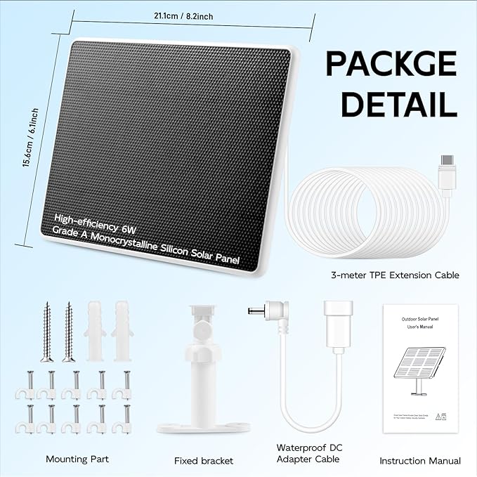Solar Panel for Ring Camera, 6W Solar Charger Compatible with Rings Spotlight Cam/Plus/Pro/Rings Stick Up Cam Batterys, 10ft Long Cable with USB-C to Ring Barrel Plug Adapter