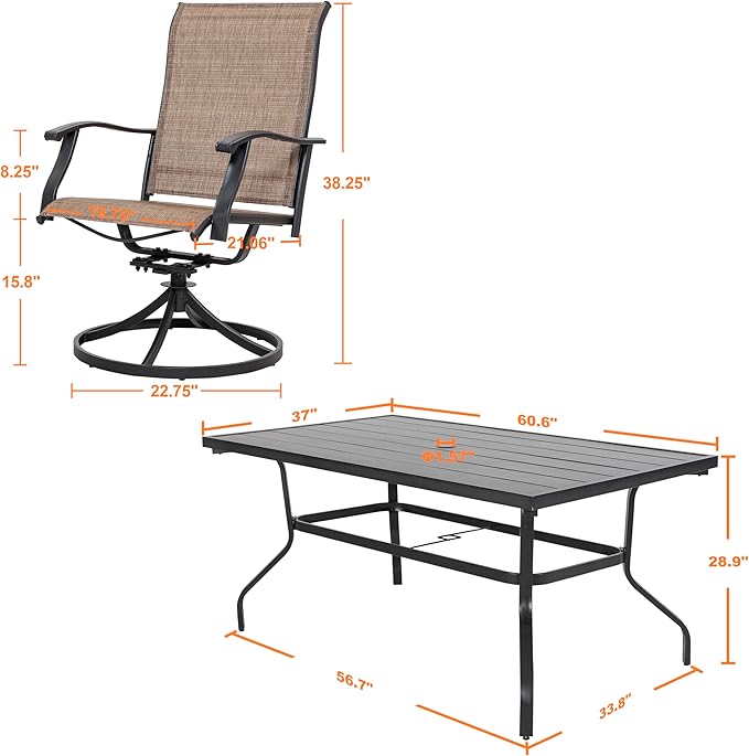 NUU GARDEN 7 Piece Outdoor Dining Set, 6 Swivel Patio Chairs and 1 Dining Table with 1.57 Inch Umbrella Hole, Iron Patio Furniture Set for Lawn Backyard Balcony, Black and Brown