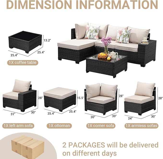 Jing's Villa 5-Piece Patio Furniture Set, All-Weather Outdoor Wicker Sectional Sofa with Cushions, Tempered Glass Table & Ottoman, Rattan Conversation Seating for Porch, Garden, Backyard,Beige