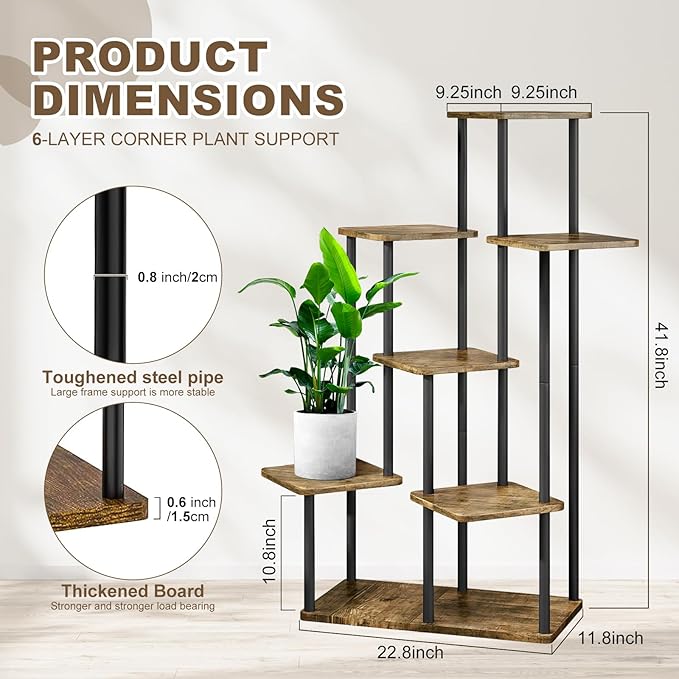 7 Tier Plant Stand Indoor, Thickened Metal Wood Corner Plant Shelf Stands for Multiple Plants, Indoor Tall Plants Stand Tiered Flower Holder for Living Room Patio Garden Balcony(Black+Brown)