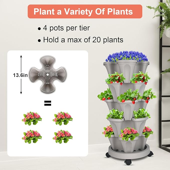 DUNCHATY Stackable Planter, Vertical Garden Planter with Wheels and Tools, Self Watering Strawberry Planter Indoor/Outdoor 5 Tier Herb Planter Pots for Growing Vegetables and Succulents,Gray