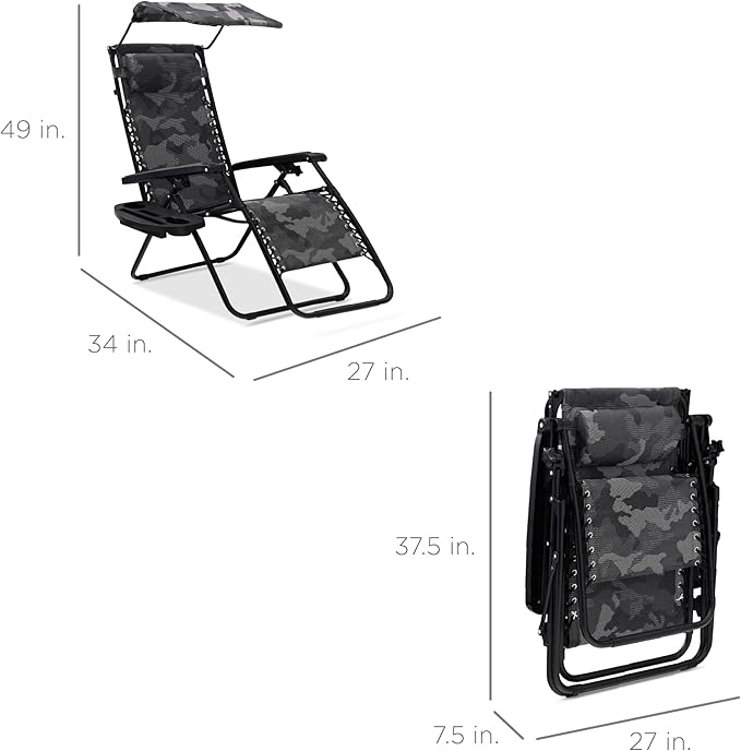 Best Choice Products Folding Zero Gravity Outdoor Recliner Patio Lounge Chair w/Adjustable Canopy Shade, Headrest, Side Accessory Tray, Textilene Mesh - Camouflage