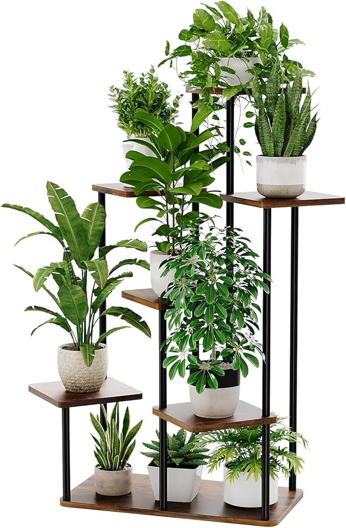Bamworld Large Plant Stand Indoor 7 Tier Tall Metal Plant Shelf for Multiple Plants Tiered Flower Stand for Patio Garden Balcony Living Room Bedroom Brown