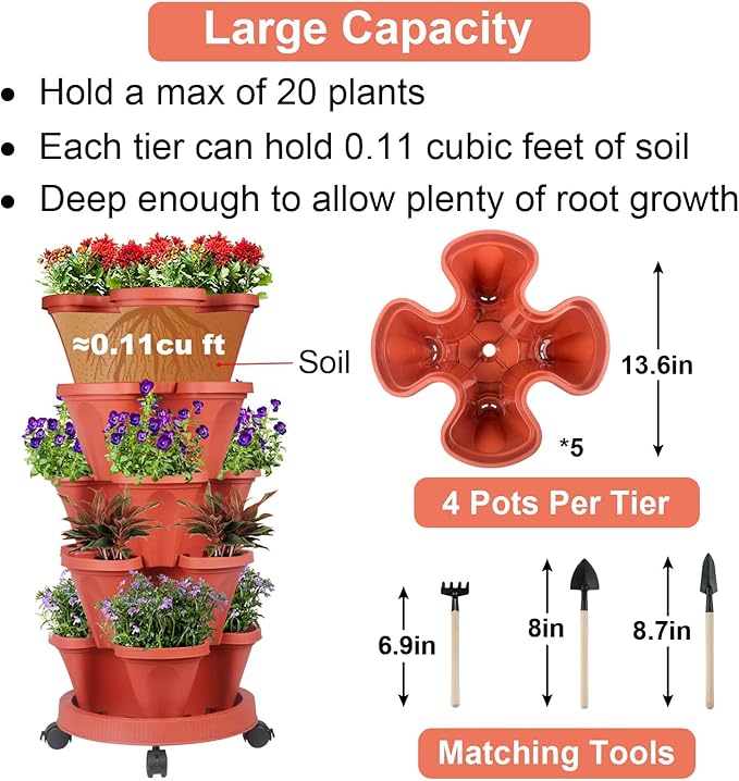 GameXcel Vertical Planter - 5 Tier Stackable Planter-Red 2 Pack