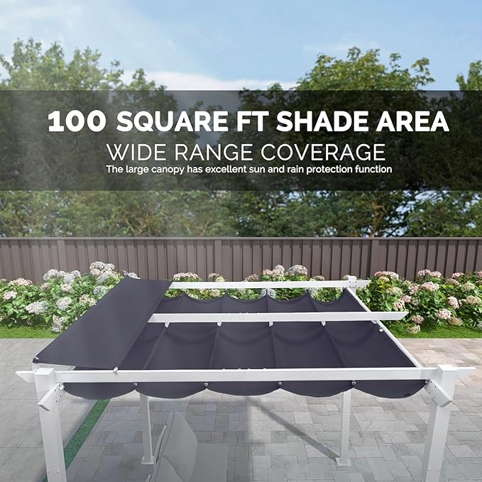 PURPLE LEAF 10' x 10' Outdoor Aluminum Pergola White Heavy-Duty Retractable Pergolas Patio Metal Pergola with Double Sun Shade Canopy and Light for Backyard Gardens Deck, Navy Blue