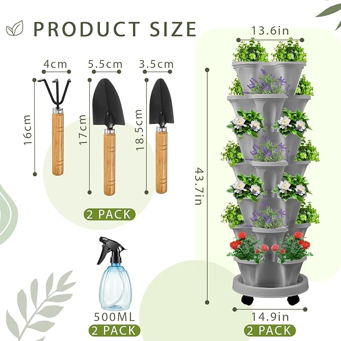 Umigy 2 Set of 7 Tier Vertical Planter Stackable Tower Planters Strawberry Herb Flower and Vegetable Pots Indoor Outdoor Gardening Pots with Removable Wheels and Tools(Light Gray)