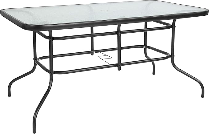 Flash Furniture Tory 31.5" x 55" Rectangular Tempered Glass Metal Patio Table with Umbrella Hole, Modern Rippled Glass Outdoor Dining Table, Black