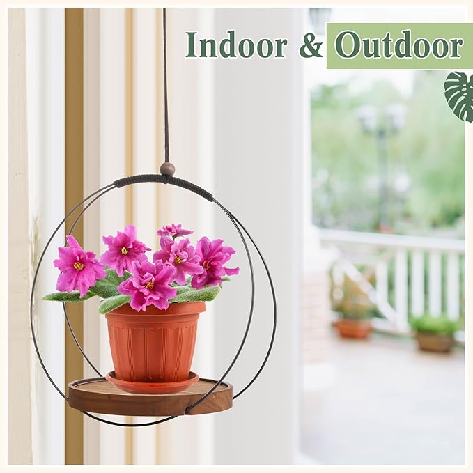1 Pack Hanging Planters for Indoor Black Plant Hanger with Round Wood Base Large Indoor Hanging Plant Shelf Boho Holder Gift for Mom,housewarming (Round)