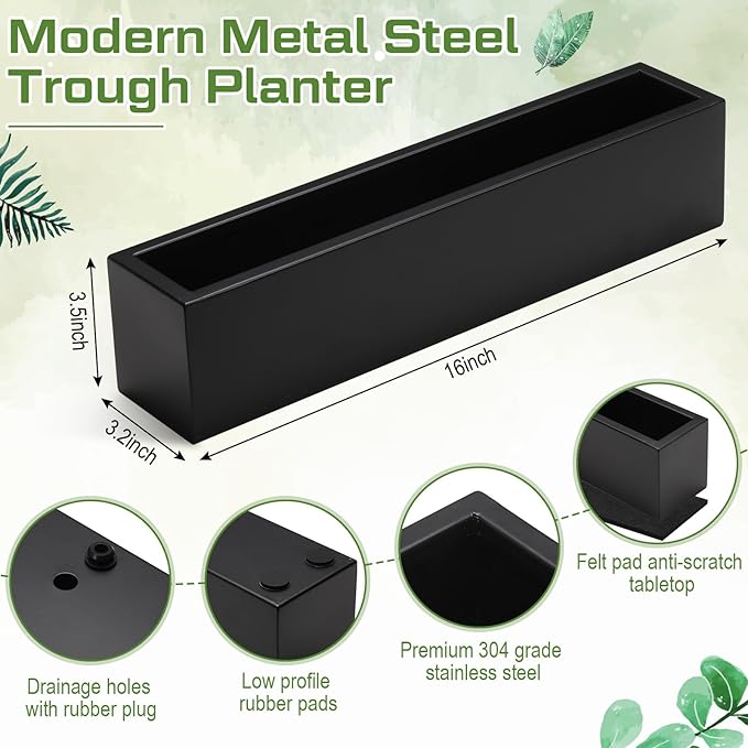 16.1 x 3.2 x 3.5 Inch Long Rectangular Planter Box Window Sill Plant Box Metal Water Trough Indoor Large Modern Steel with Drainage Holes Herb Garden Home(Black)