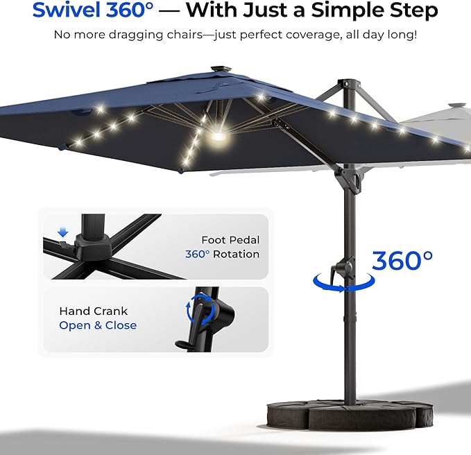 HOMSHADE 10 ft Square Cantilever Patio Umbrella with Base Included, Solar Lights Large Umbrella Outdoor Patio with 360°Rotation&Tilting, LED Lighted Offset Umbrellas w/Stand for Pool Deck