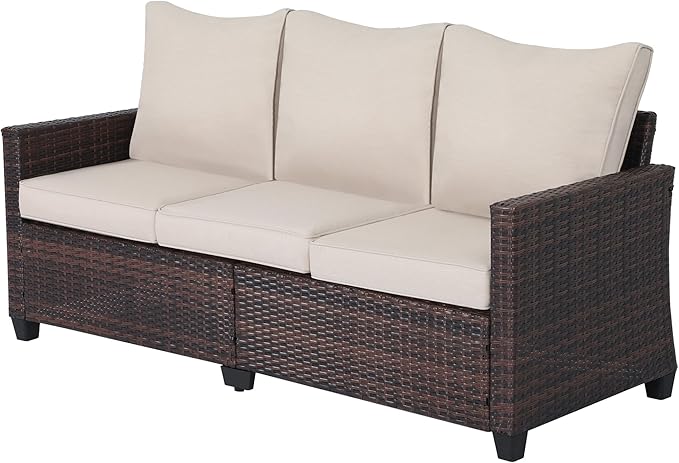 Rattan Outdoor Sofa 3-Seater - PE Woven Patio Couch with Waterproof Blue Cushions, Heavy-Duty Steel Frame for Garden, Poolside Outdoor Wicker Furniture-Beige