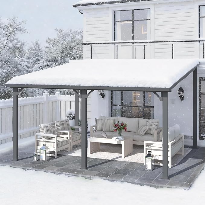 AECOJOY 12' x 14' Outdoor Hardtop Metal Gazebo for Patio, Large Lean to 14x12 Galvanized Steel Heavy Duty Wall Mounted Pergolas and Grill Gazebos Clearance, Patio Pergola Metal Roof Awnings for Decks