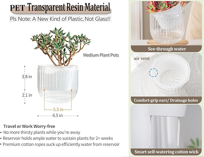 Melphoe Self Watering Pots for Indoor Plants Planter, 6.5 Inch 2 Pack Planters Self Watering Plant Pots for Flower, Houseplants, Succulent, African Violets and Cactus with Drainage
