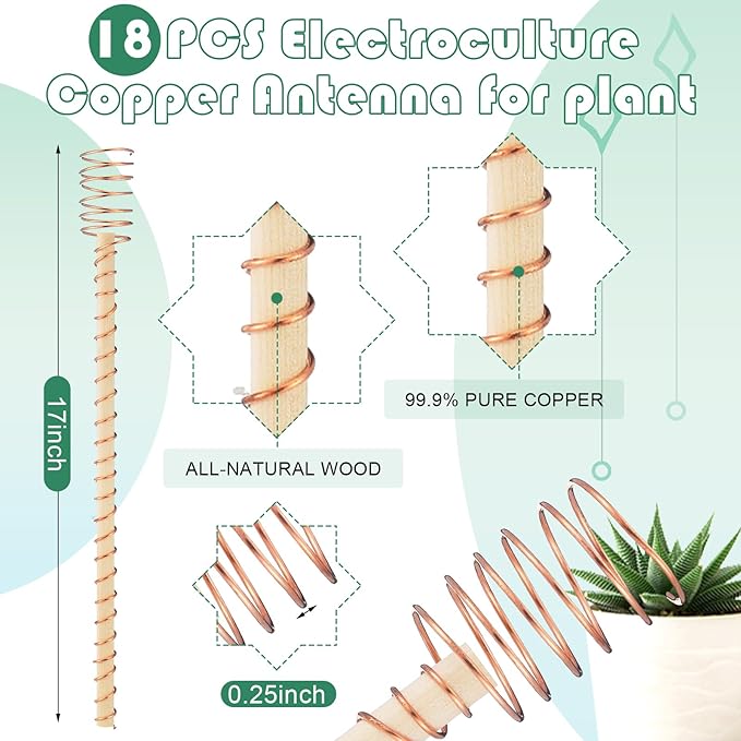18 Pcs Electroculture Plant Stakes 17 Inches Long Copper Garden Stakes Electroculture Copper Gardening Antenna for Growing Vegetable Garden Plants Support