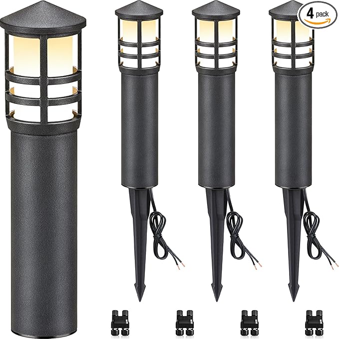 SUNVIE 4-Pack Low Voltage Pathway Lights 3W 3000K 12-24V LED Landscape Bollard Path Lights with Connectors CRI 90+ Aluminum Outdoor Landscape Lighting for Walkway Yard Garden, ETL Listed Cord