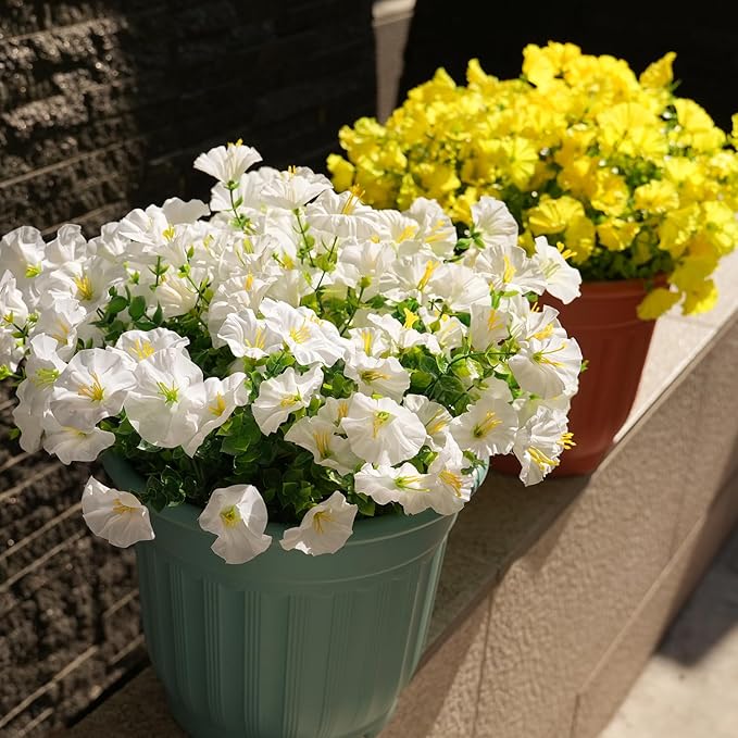 Artificial Flowers for Outdoors, UV Resistant Fake Silk Morning Glory, Realistic Faux Plants for Outside Porch Patio Window Box Hanging Planter (16, White)