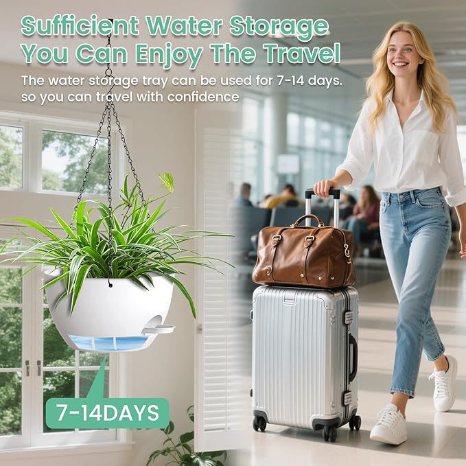 Set of 3-10 Inch Self Watering Hanging Planters for Indoor Outdoor，Hanging Plant Pots with Drainage & Removable Tray, Hanging Pots for Pothos Plant, Spider Plants, Ferns, Balcony & Patio, White