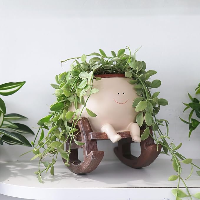 Smiley Face Rocking Chair Planters Flower Pots for Plants Funny Succulents Plant Live Cute Resin Head Planter for Indoor Outdoor Plants Gift Ideas for Mother and Christmas (Large)