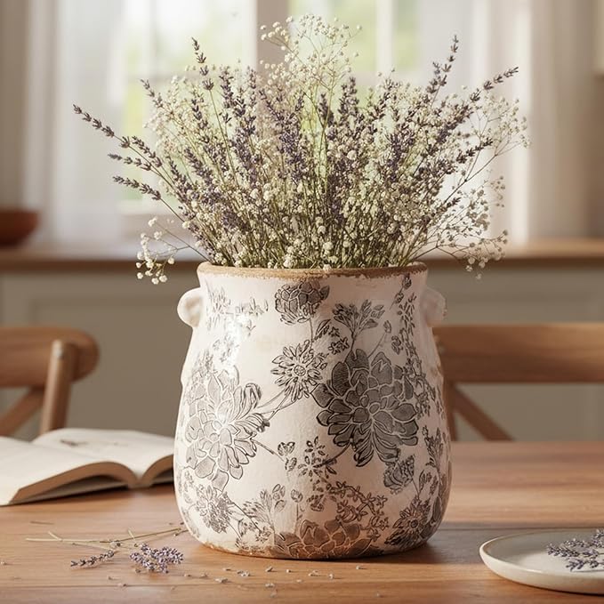6.68in. Tuscan Planter & Room and Home Decor, Decorative Vase, Indoor/Outdoor Ceramic Plant Pot w/Drainage, French Country Decor Boho Decor, Gifts for Women Birthday Unique, Vintage Grey
