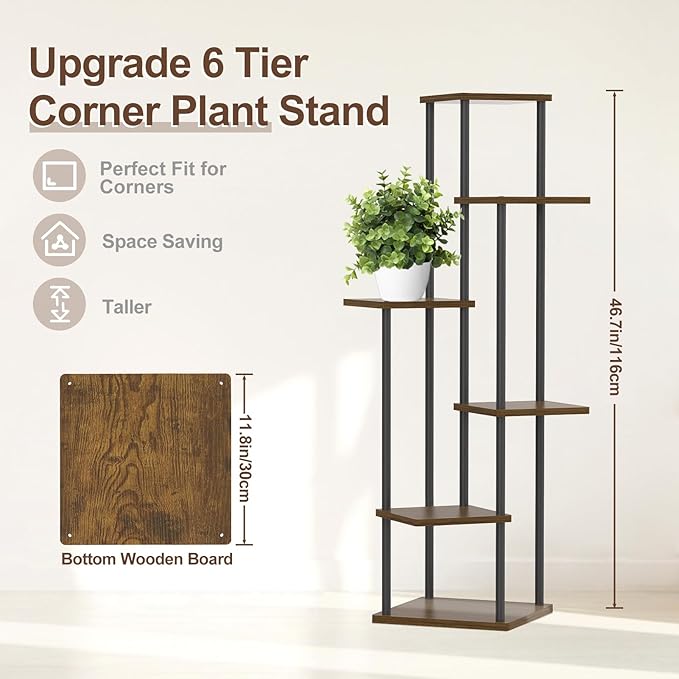 6 Tier Plant Stand Indoor Outdoor, Tall Metal Wood Muti-Level Planter Shelf Holder, Sturdy Large Vertical Corner Orchid Flower Pot Display Rack for Narrow House Decor Office Living Room Bedroom, Oak