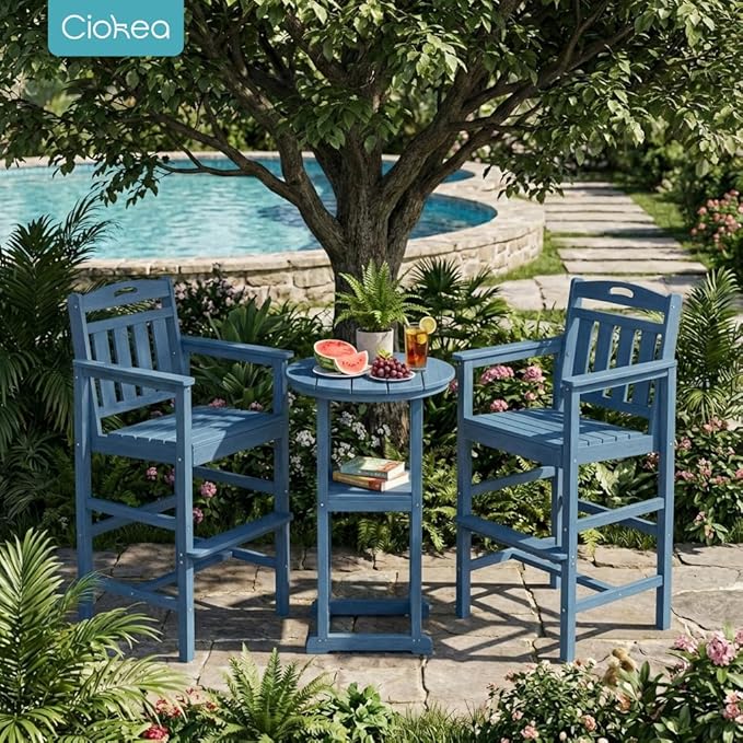 Ciokea 3-Pcs Bistro Table and Chairs, All-Weather Round High Top Bar Table with Storage Shelf and 2 Oversized Adirondack Chairs, Heavy Duty Outdoor Bar Patio Bistro Set for Balcony Deck, Navy Blue