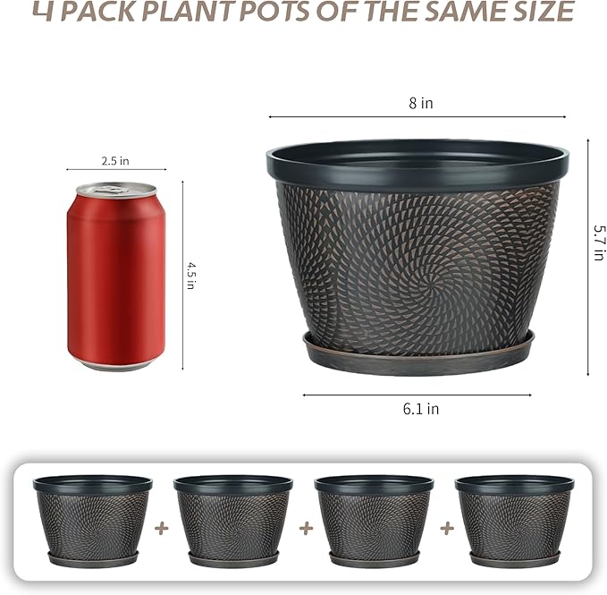Quarut 4 Pack 8 Inch Flower Pots for Outdoor Indoor, Plastic Plant Pots with Drainage Hole & Saucer, Lightweight Small Flower Pot, Circle Pattern Planters for Garden House planters（Brown）