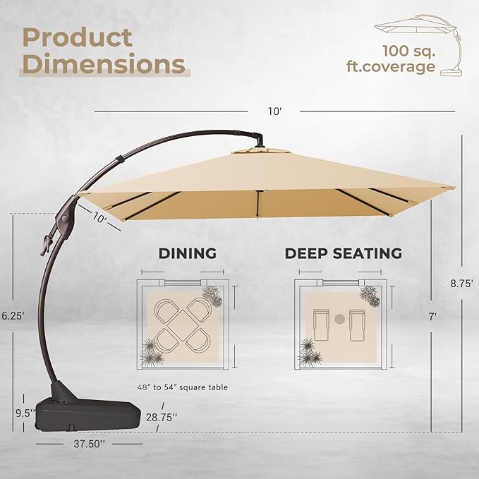 Grand patio Sunbrella 10x10 FT Cantilever Umbrella with Base Included Patio Square Aluminum Offset Umbrellas for Outdoor Pool (Flax, 10X10 FT-SUNBRELLA)