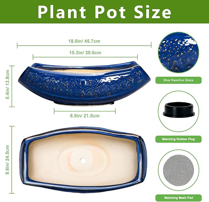 Bonsai Pots - 18 Inch Large Ceramic Succulent Pots for Indoor Outdoor, Bonsai Planter with Drainage Hole, Ceramic Flower Pot, Decorative Plant Pot, Gifts for Plant Lovers, Office Decor, Blue