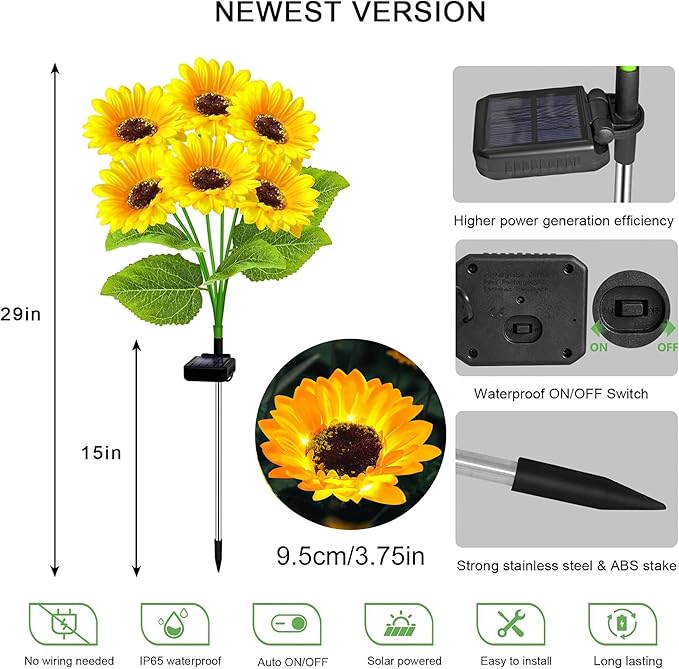 Solar Sunflower Lights 2 Pack with 12 Outdoor Decorative Lights, Birthday Gift for Mom and Friends, IP65 Waterproof Sunflower Garden Stake Lights for Yard Patio Lawn Pathway (Warm White)