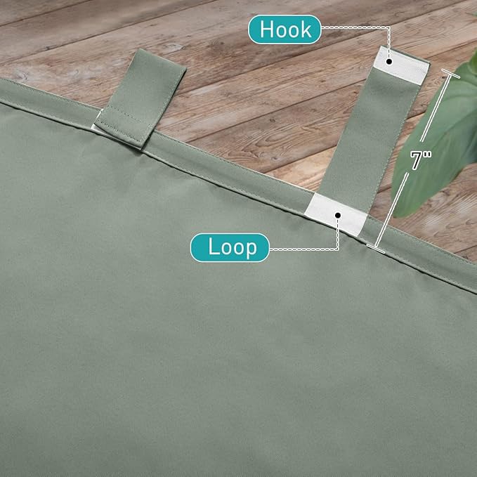 NICETOWN 2 Panels Outdoor Sage Green Curtainss Waterproof for Patio, Detachable Sticky Tab Top Weighted Blackout Sun & Rain Block Window Treatment, Privacy for Gazebo/Porch, W52 x L95