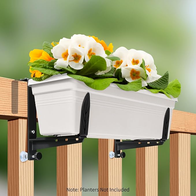 Window Box Brackets, Adjustable Planter Box Brackets, Heavy Duty Iron Flower Box Bracket for Deck Railing with Upgraded Bottom Support - Ideal for Balconies, Fences, and Gardens (2)