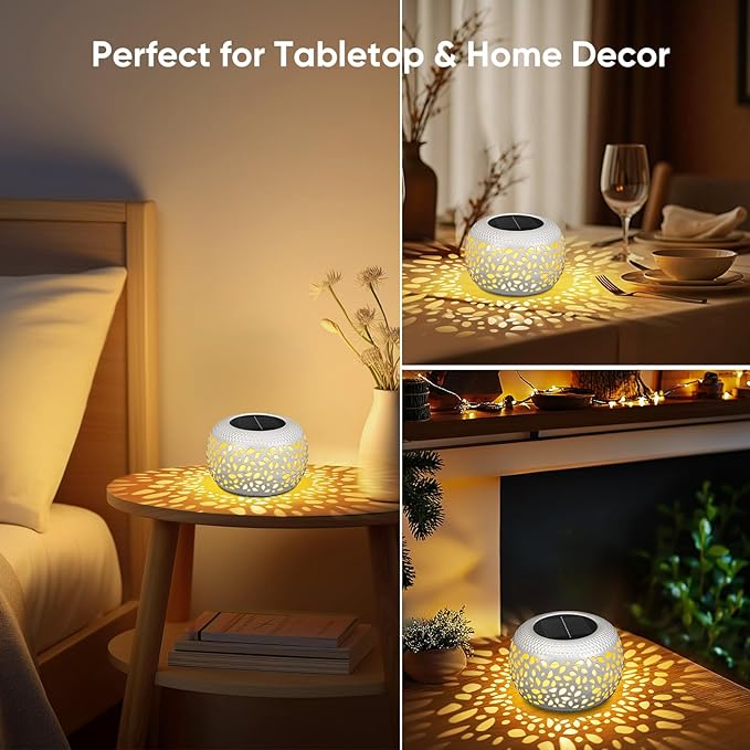Solar Lanterns Outdoor Waterproof: 2 Pack White Hollow Out Metal Solar Lights - 2 Lighting Colors Outside Garden Yard Porch Indoor Tabletop Retro Decorations - Unique Gifts for Women Mom Wife