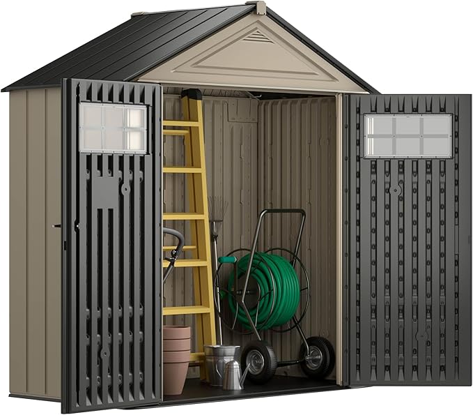 Rubbermaid Resin Outdoor Storage Shed With Floor (7 x 3.5 Ft) Weather Resistant, Brown Gable, Organization for Home/Backyard/Garden Tools/Lawn Mower/Bike Storage/Pool Supplies