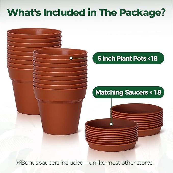 T4U Flower Pots 18-Pack, 5 Inch Plant Pot with Saucer and Drainage Hole, Durable Plastic Flower Pots, Small Pots for Plants, Violet, Succulent and Indoor Plant Decorative (18 Pack 5" Pot)