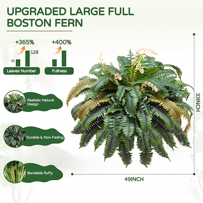 49” Artificial Ferns for Outdoors Planter, 128 Leaves per Fern, Set of 2, Large Lush Fake Boston Ferns Hanging Plants, UV Resistant Faux Greenery for Porch Patio Garden Home Decor Indoor Outdoor