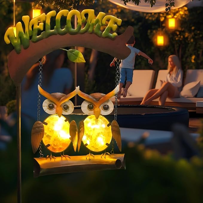 HONGLAND Solar Lights Outdoor Decor, Owl Swing Garden Decor, Owl Gifts for Women Mom, Whimsical Garden Lights Outdoor Decorations with Welcome Sign for Outside Patio Yard Lawn Decor-48inch