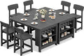 SERWALL 8-Piece Counter Height DiningTable Sets with Storage and Wine Rack, HDPE 2 Rectangular Bar Table with Bar Stools Set of 6 for Garden, Backyard, Kitchen, Gray