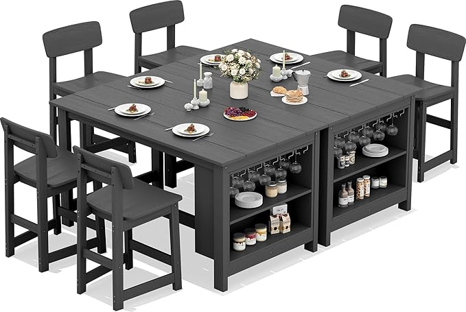 SERWALL 8-Piece Counter Height DiningTable Sets with Storage and Wine Rack, HDPE 2 Rectangular Bar Table with Bar Stools Set of 6 for Garden, Backyard, Kitchen, Gray