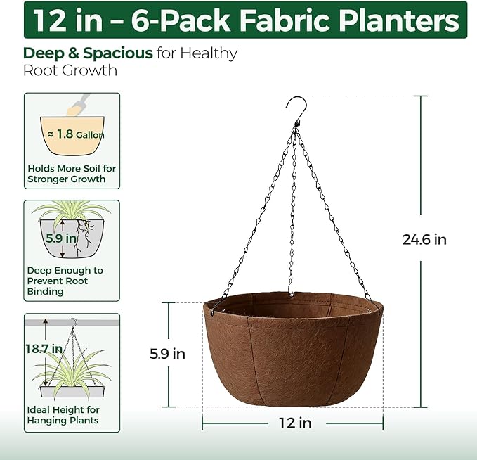 T4U Hanging Planters for Outdoor Plants, 12 Inch 6 Pack Fabric Hanging Baskets with Drainage Tray, Decorative Hanging Pots for Plants Outdoor Patio Porch Garden Use（Brown）